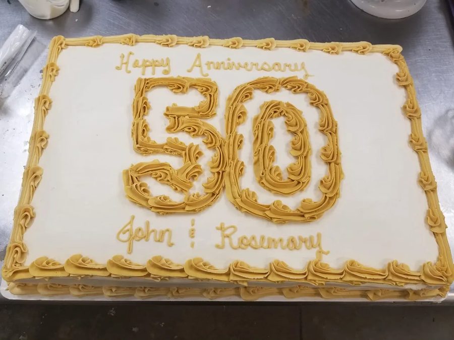 Golden anniversary sheet cake from Kiss Me Cakes